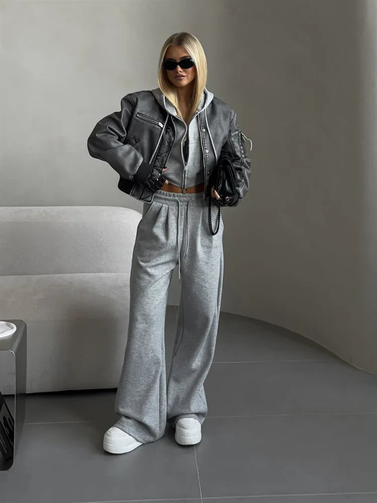 Casual Sport Tracksuit Women Hooded Two Pieces Set Sweatshirts Zipper Solid High Waist Pockets Pants Suit Outwear Autumn