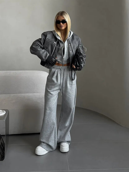 Casual Sport Tracksuit Women Hooded Two Pieces Set Sweatshirts Zipper Solid High Waist Pockets Pants Suit Outwear Autumn