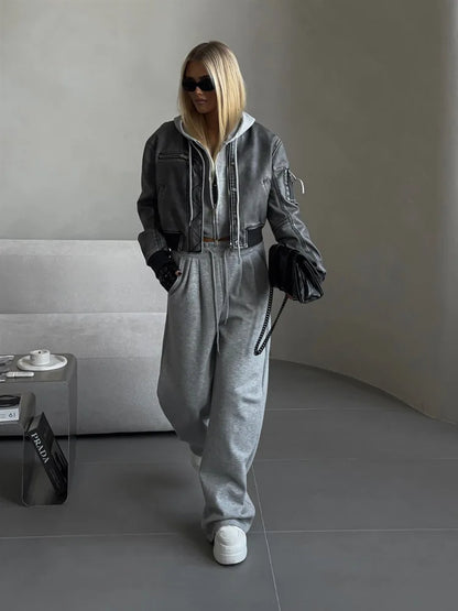 Casual Sport Tracksuit Women Hooded Two Pieces Set Sweatshirts Zipper Solid High Waist Pockets Pants Suit Outwear Autumn