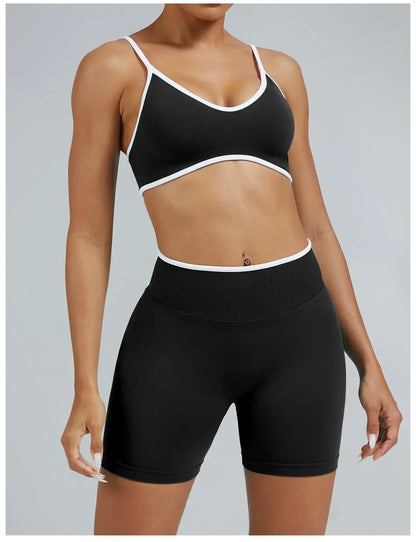 Women's High-quality 2-piece Sports Suit  Halter Top Yoga Top  High Waist Scratches  Seamless Shorts  Sports Fitness Suit.