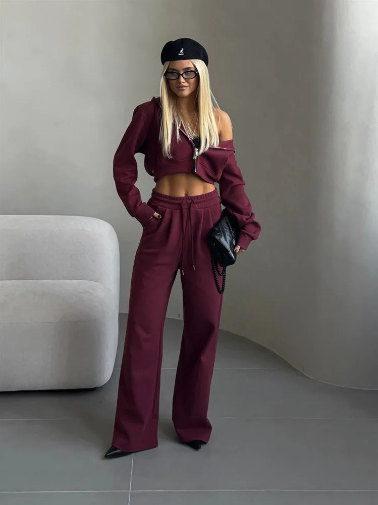 Casual Sport Tracksuit Women Hooded Two Pieces Set Sweatshirts Zipper Solid High Waist Pockets Pants Suit Outwear Autumn