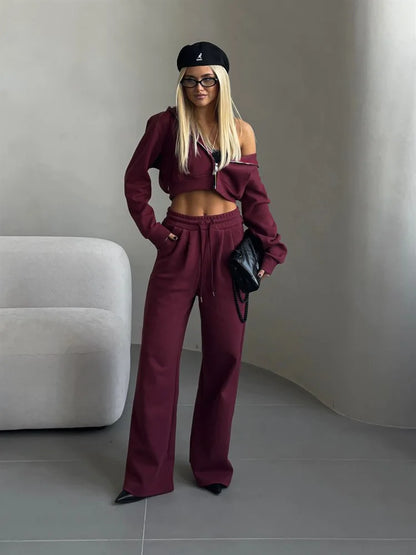 Casual Sport Tracksuit Women Hooded Two Pieces Set Sweatshirts Zipper Solid High Waist Pockets Pants Suit Outwear Autumn