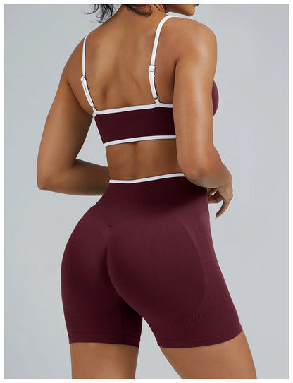 Women's High-quality 2-piece Sports Suit  Halter Top Yoga Top  High Waist Scratches  Seamless Shorts  Sports Fitness Suit.