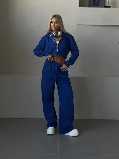 Casual Sport Tracksuit Women Hooded Two Pieces Set Sweatshirts Zipper Solid High Waist Pockets Pants Suit Outwear Autumn