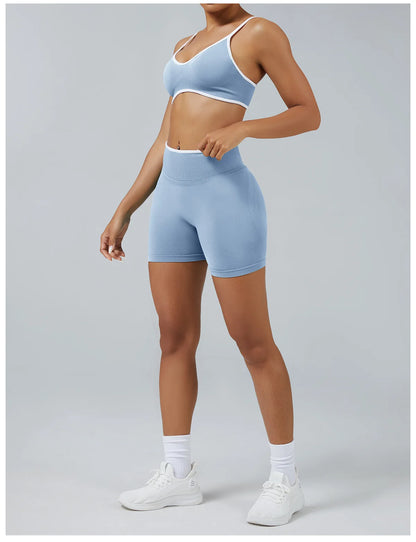 Women's High-quality 2-piece Sports Suit  Halter Top Yoga Top  High Waist Scratches  Seamless Shorts  Sports Fitness Suit.