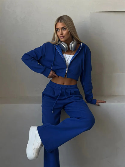 Casual Sport Tracksuit Women Hooded Two Pieces Set Sweatshirts Zipper Solid High Waist Pockets Pants Suit Outwear Autumn