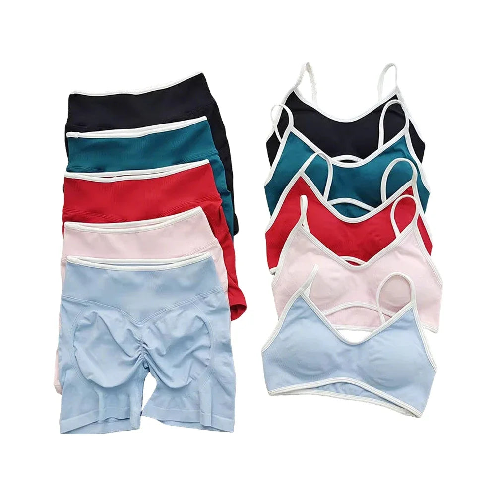Women's High-quality 2-piece Sports Suit  Halter Top Yoga Top  High Waist Scratches  Seamless Shorts  Sports Fitness Suit.