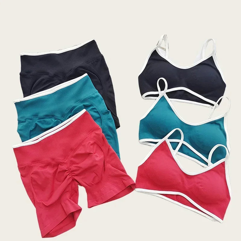 Women's High-quality 2-piece Sports Suit  Halter Top Yoga Top  High Waist Scratches  Seamless Shorts  Sports Fitness Suit.