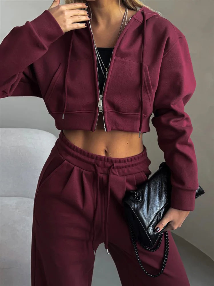Casual Sport Tracksuit Women Hooded Two Pieces Set Sweatshirts Zipper Solid High Waist Pockets Pants Suit Outwear Autumn