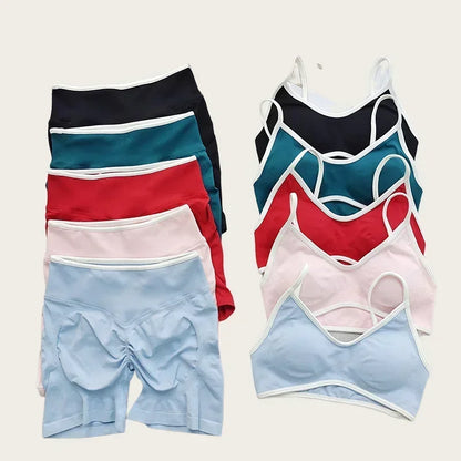 Women's High-quality 2-piece Sports Suit  Halter Top Yoga Top  High Waist Scratches  Seamless Shorts  Sports Fitness Suit.
