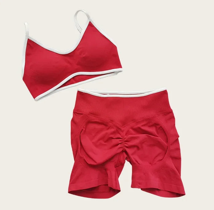 Women's High-quality 2-piece Sports Suit  Halter Top Yoga Top  High Waist Scratches  Seamless Shorts  Sports Fitness Suit.