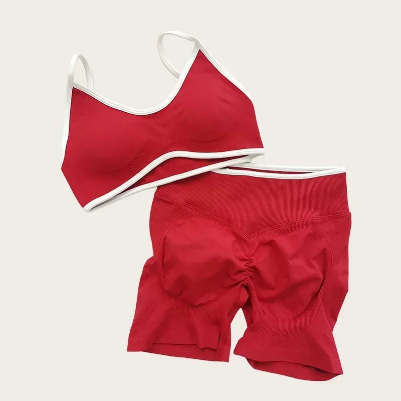 Women's High-quality 2-piece Sports Suit  Halter Top Yoga Top  High Waist Scratches  Seamless Shorts  Sports Fitness Suit.