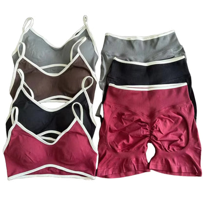 Women's High-quality 2-piece Sports Suit  Halter Top Yoga Top  High Waist Scratches  Seamless Shorts  Sports Fitness Suit.