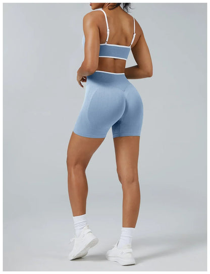 Women's High-quality 2-piece Sports Suit  Halter Top Yoga Top  High Waist Scratches  Seamless Shorts  Sports Fitness Suit.