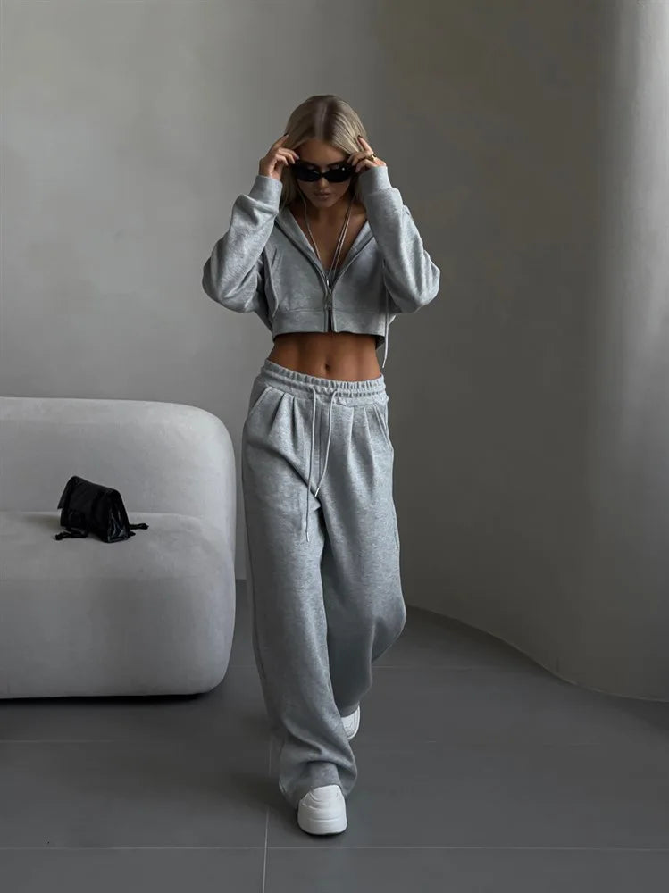 Casual Sport Tracksuit Women Hooded Two Pieces Set Sweatshirts Zipper Solid High Waist Pockets Pants Suit Outwear Autumn