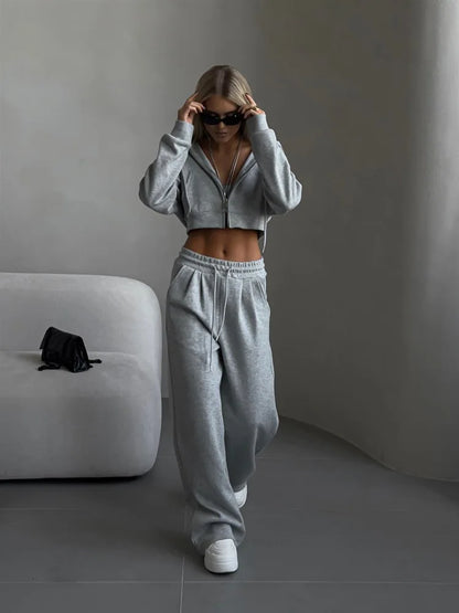 Casual Sport Tracksuit Women Hooded Two Pieces Set Sweatshirts Zipper Solid High Waist Pockets Pants Suit Outwear Autumn