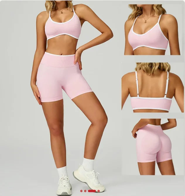 Women's High-quality 2-piece Sports Suit  Halter Top Yoga Top  High Waist Scratches  Seamless Shorts  Sports Fitness Suit.