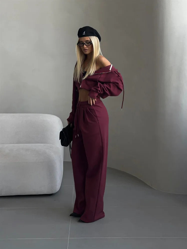 Casual Sport Tracksuit Women Hooded Two Pieces Set Sweatshirts Zipper Solid High Waist Pockets Pants Suit Outwear Autumn