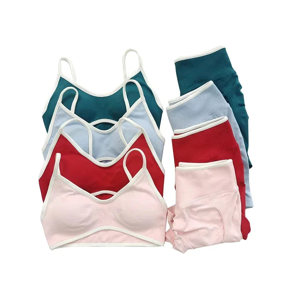 Women's High-quality 2-piece Sports Suit  Halter Top Yoga Top  High Waist Scratches  Seamless Shorts  Sports Fitness Suit.