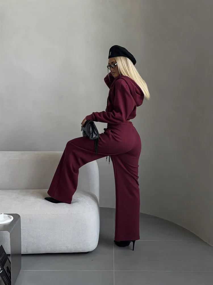 Casual Sport Tracksuit Women Hooded Two Pieces Set Sweatshirts Zipper Solid High Waist Pockets Pants Suit Outwear Autumn