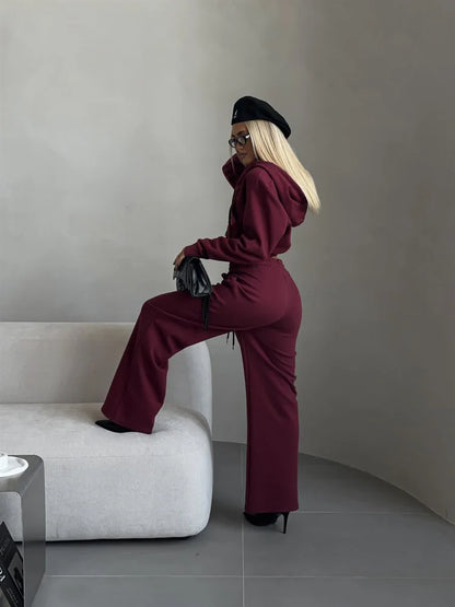 Casual Sport Tracksuit Women Hooded Two Pieces Set Sweatshirts Zipper Solid High Waist Pockets Pants Suit Outwear Autumn