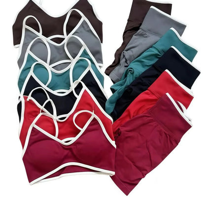 Women's High-quality 2-piece Sports Suit  Halter Top Yoga Top  High Waist Scratches  Seamless Shorts  Sports Fitness Suit.