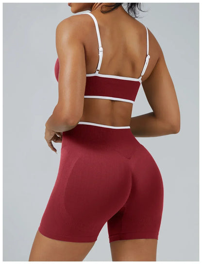Women's High-quality 2-piece Sports Suit  Halter Top Yoga Top  High Waist Scratches  Seamless Shorts  Sports Fitness Suit.