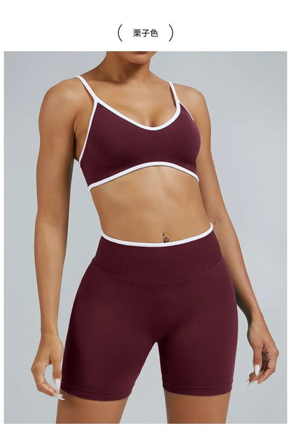 Women's High-quality 2-piece Sports Suit  Halter Top Yoga Top  High Waist Scratches  Seamless Shorts  Sports Fitness Suit.