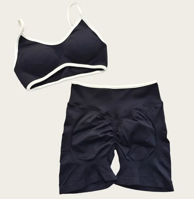 Women's High-quality 2-piece Sports Suit  Halter Top Yoga Top  High Waist Scratches  Seamless Shorts  Sports Fitness Suit.