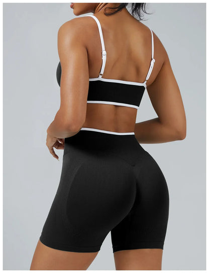 Women's High-quality 2-piece Sports Suit  Halter Top Yoga Top  High Waist Scratches  Seamless Shorts  Sports Fitness Suit.