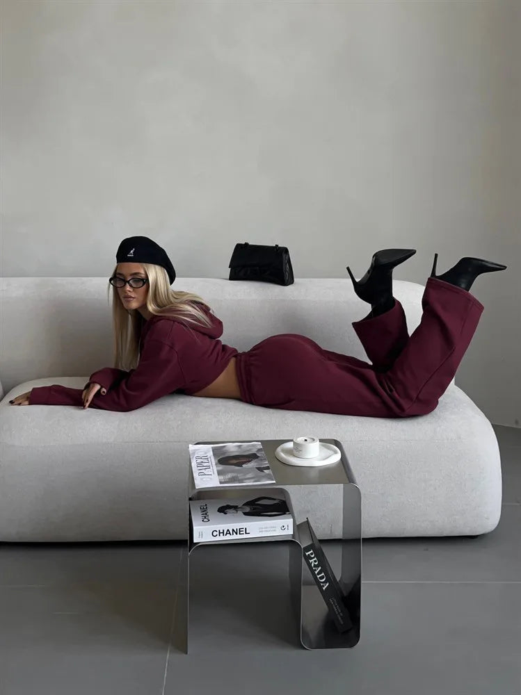 Casual Sport Tracksuit Women Hooded Two Pieces Set Sweatshirts Zipper Solid High Waist Pockets Pants Suit Outwear Autumn