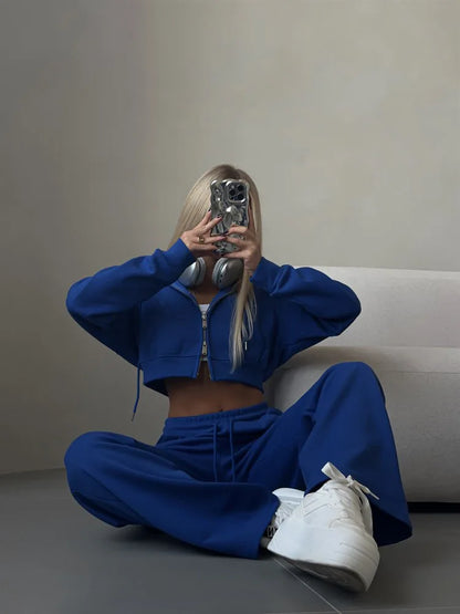 Casual Sport Tracksuit Women Hooded Two Pieces Set Sweatshirts Zipper Solid High Waist Pockets Pants Suit Outwear Autumn