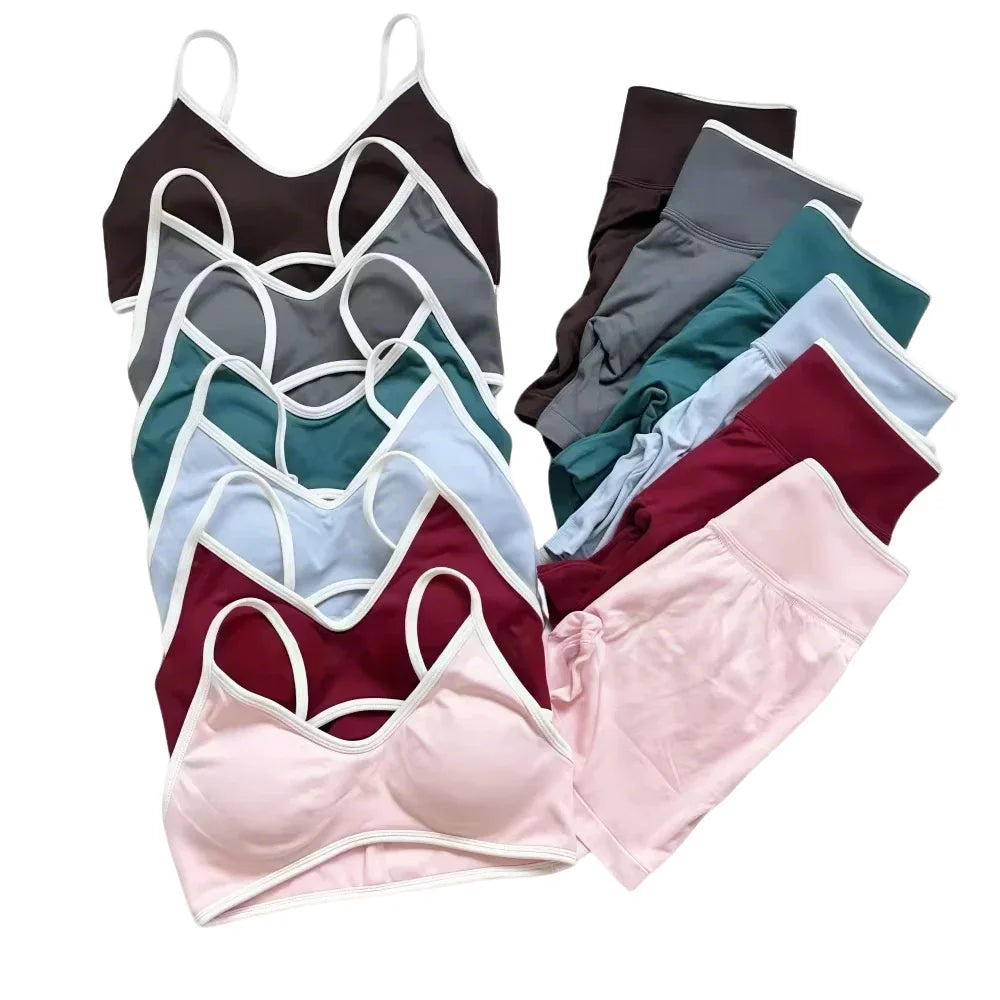 Women's High-quality 2-piece Sports Suit  Halter Top Yoga Top  High Waist Scratches  Seamless Shorts  Sports Fitness Suit.